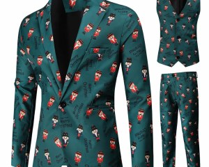 High quality Men Casual Suit Blazer Vest Pants Christmas Print Street Hiphop Fashion Slim Banquet Party Men Suits