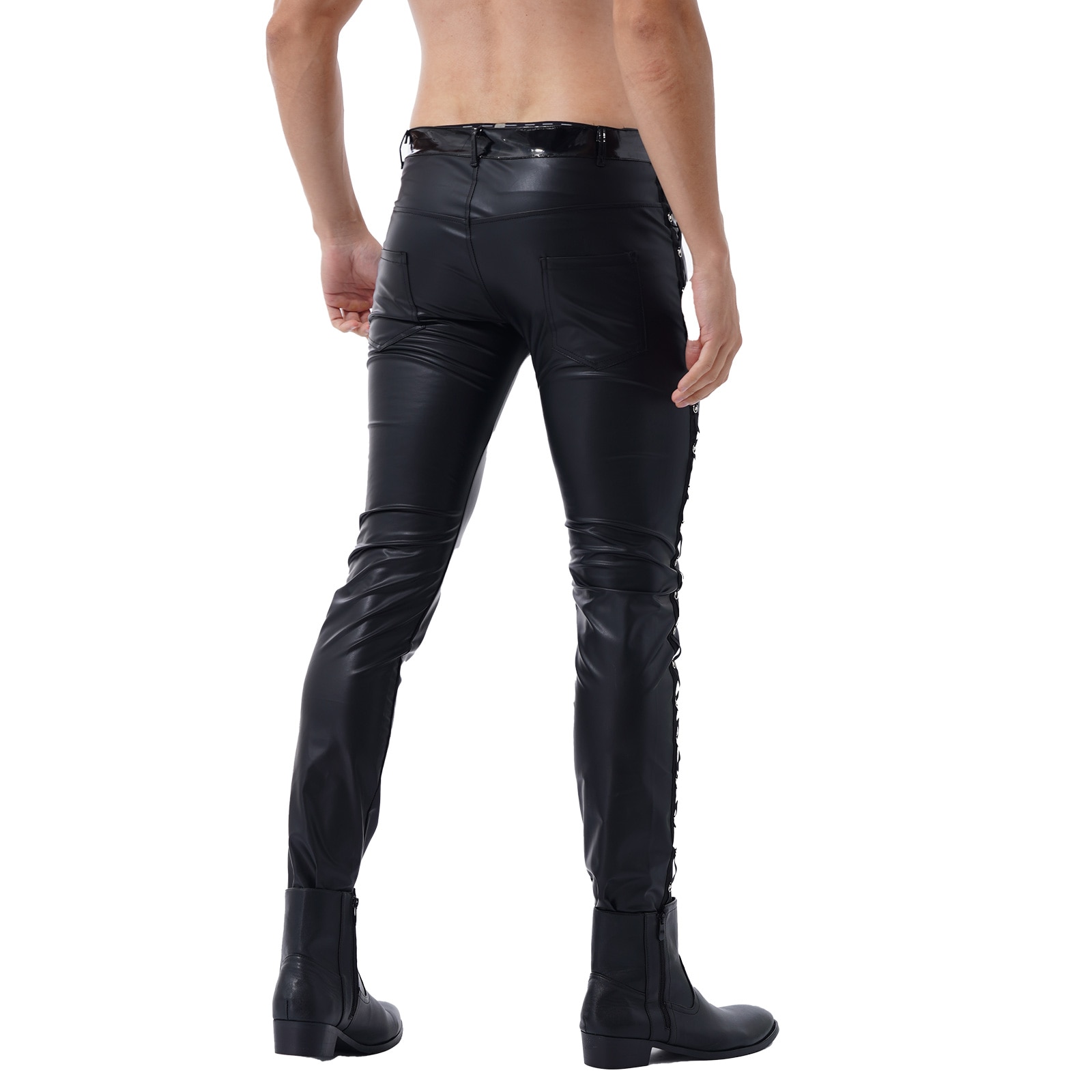 Men Latex Leather Pants Low Waist Faux Leather Shiny Pants Fashion Tight Trousers for Club Stage Show Rock Band Performance - Image 2