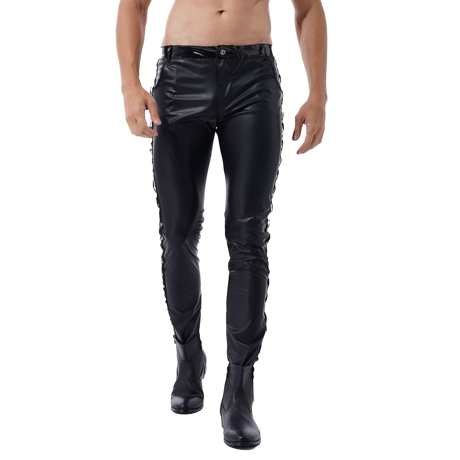 Men Latex Leather Pants Low Waist Faux Leather Shiny Pants Fashion Tight Trousers for Club Stage Show Rock Band Performance - Image 3