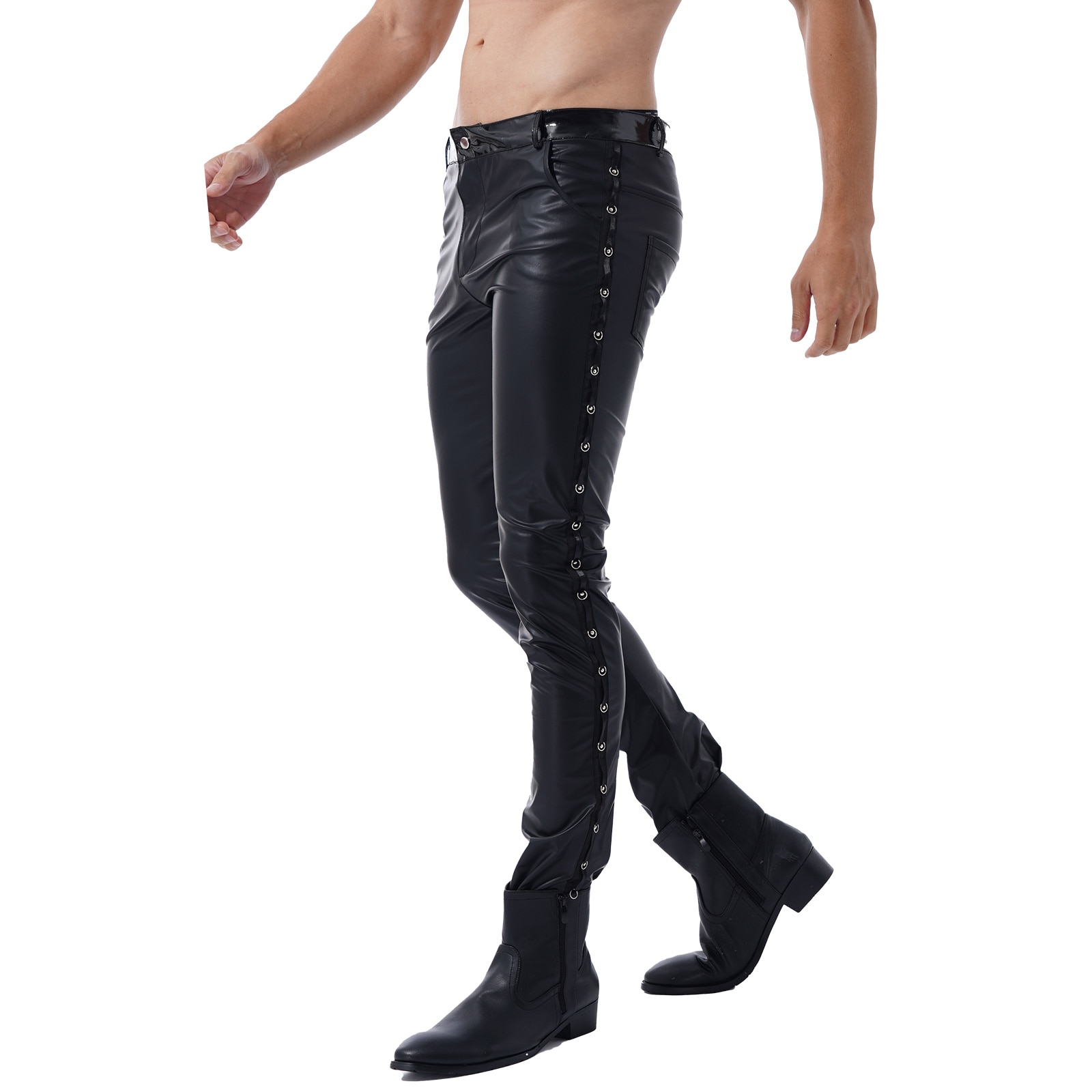 Men Latex Leather Pants Low Waist Faux Leather Shiny Pants Fashion Tight Trousers for Club Stage Show Rock Band Performance - Image 4