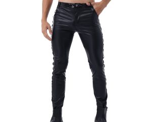 Men Latex Leather Pants Low Waist Faux Leather Shiny Pants Fashion Tight Trousers for Club Stage Show Rock Band Performance