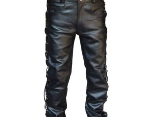 Men's Black Thick Leather Side Laces Up Jeans Style Long Pant Motorcycle Leather Trousers Leather Motorcycle Pants