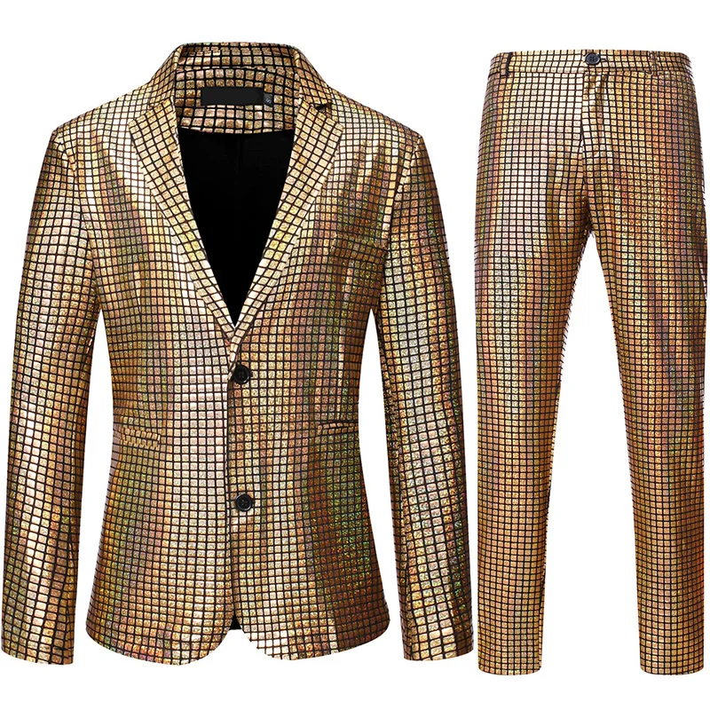 Mens Stage Prom Suits Shiny Rainbow Plaid Sequin Jacket Pants Men Dance Festival Christmas Halloween Party Costume Homme - Image 2