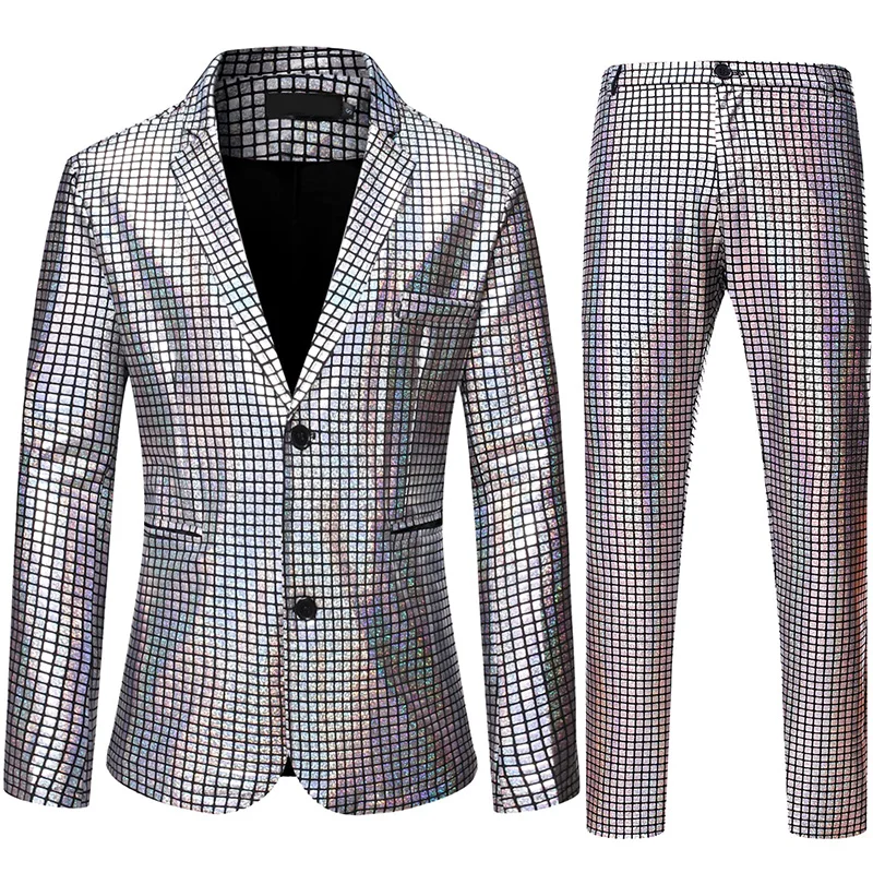 Mens Stage Prom Suits Shiny Rainbow Plaid Sequin Jacket Pants Men Dance Festival Christmas Halloween Party Costume Homme - Image 3