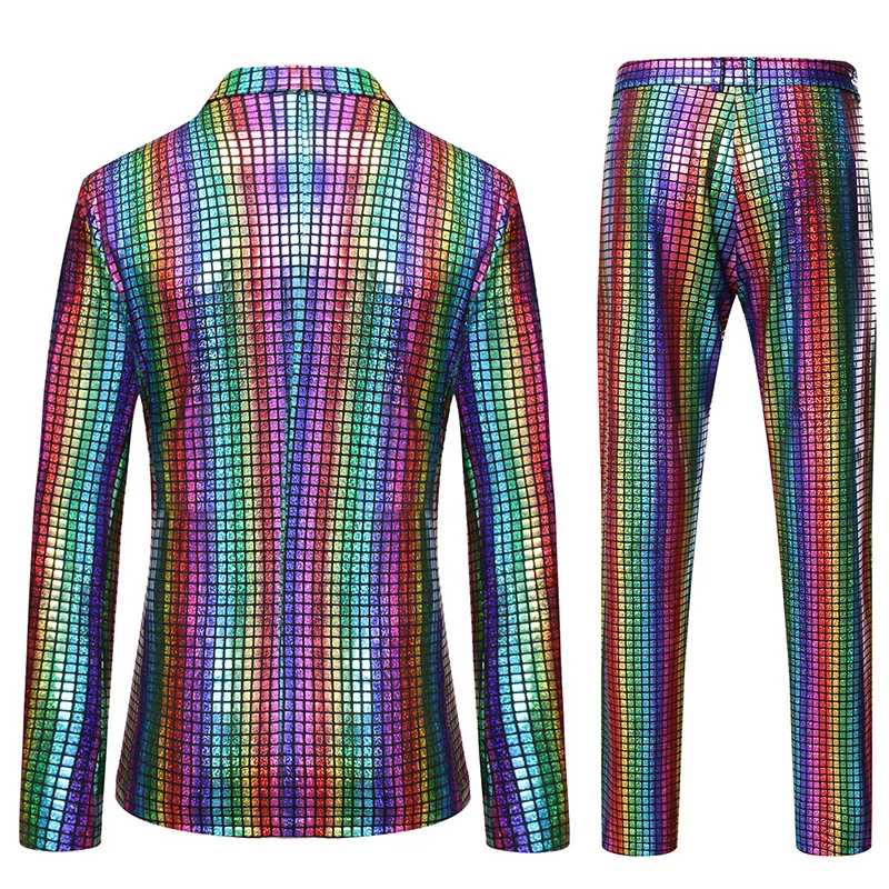 Mens Stage Prom Suits Shiny Rainbow Plaid Sequin Jacket Pants Men Dance Festival Christmas Halloween Party Costume Homme - Image 6