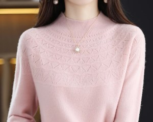 New cashmere sweater in autumn and winter 100% pure wool women's semi-high-necked knitted pullover hollowed-out fashion top