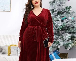 Plus Size Long Sleeve Elegant Spring Autumn Midi Velvet Wrap Dress Tie Waist V-neck Formal Night Out Party Dress Christmas Dress