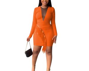 Casaul Women Tassel Dress Deep V-neck Solid Color Party Night Clubwear Bodywear Full Sleeve Fitness Dresses For Women Vestidos