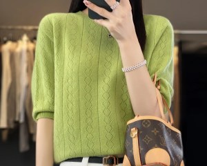 Spring and autumn new women's sweater cashmere knitted 100% pure merino wool solid color O-neck short sleeve T-shirt.