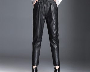 Women PU Leather Pants Fashion Drawstring Tie Ankle Trousers Elastic Waist Pants Pockets Black Streetwear Pantalones Mujer P162