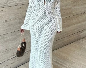 Women's Maxi Knitted Dress Summer V-Neck Hollow Long Sleeve Sun Protection Blouse Fashion Babes Sexy  Ladies Bikini Beach Dress