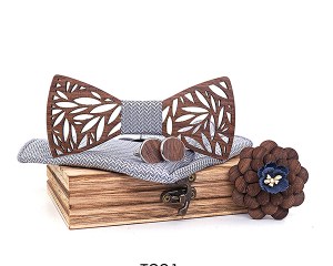 Wooden Bow Tie Handkerchief Set Men's Plaid Bowtie Wood Hollow Carved Cut Out Floral design And Box Fashion Novelty Men ties