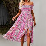 YEMOGGY Elegant Floral Print Hem Split Dresses Women Summer Dress 2022 New Boho Holiday Slash Neck Short Sleeve Swing Midi Dress