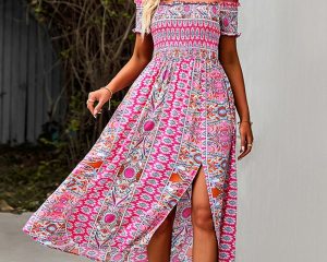 YEMOGGY Elegant Floral Print Hem Split Dresses Women Summer Dress 2022 New Boho Holiday Slash Neck Short Sleeve Swing Midi Dress