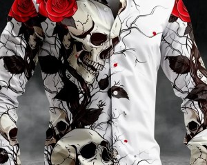 Men's Rose Skull Casual Dark Men's Button-Down Shirt Long Sleeve Party Evening Daily Shirt Collar Button