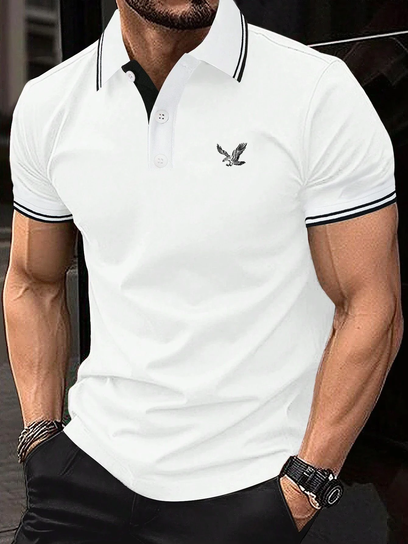 Regular Men's Solid Color Short Sleeved Polo Shirt with Eagle Design Summer New Product Simple and Casual Men's Top
