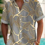 2024 Hawaiian Botanical Gold Leaf Print Men's Button Shirt Summer Turndown Short Sleeve Fashion Street