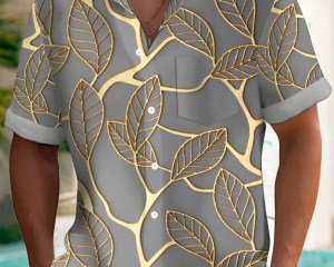 2024 Hawaiian Botanical Gold Leaf Print Men's Button Shirt Summer Turndown Short Sleeve Fashion Street
