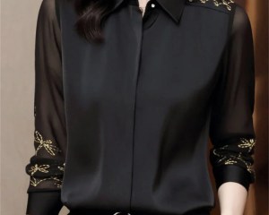 Women Spring Autumn Style Chiffon Blouses Shirts Lady Embroidery Long Sleeve Turn-down Collar Lace Decor Blusas Tops DF0004