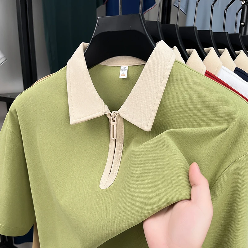 Fashion personalized half zipper men's short sleeve polo shirt summer new simple solid color youth high-end casual lapel T-shirt - Image 2