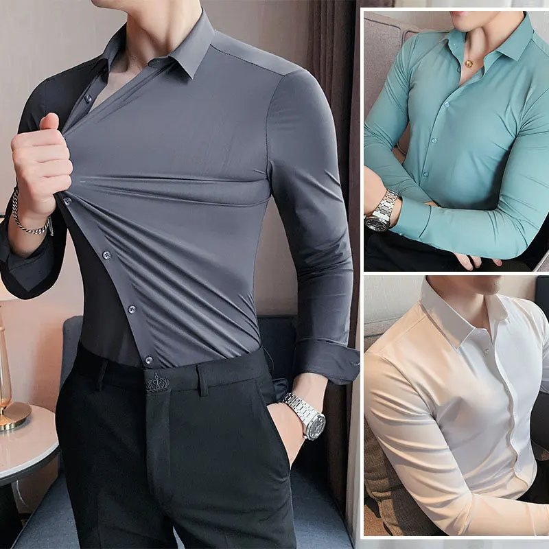 Men's Short sleeve summertime shirt High elastic and traceless cotta new long-sleeved slim spandex non-ironing business leisure - Image 2