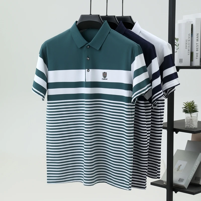 Premium pure cotton stripe short sleeve polo shirt men summer T-shirt fashion brand embossed comfort new trend color blocked top - Image 5