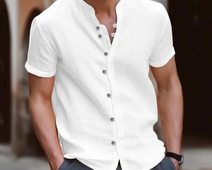 2025 Summer Fashion Men's Shirt Retro Button Cotton Hemp Casual Slim Solid Color Short-sleeved Stand-up Collar Top SIZE