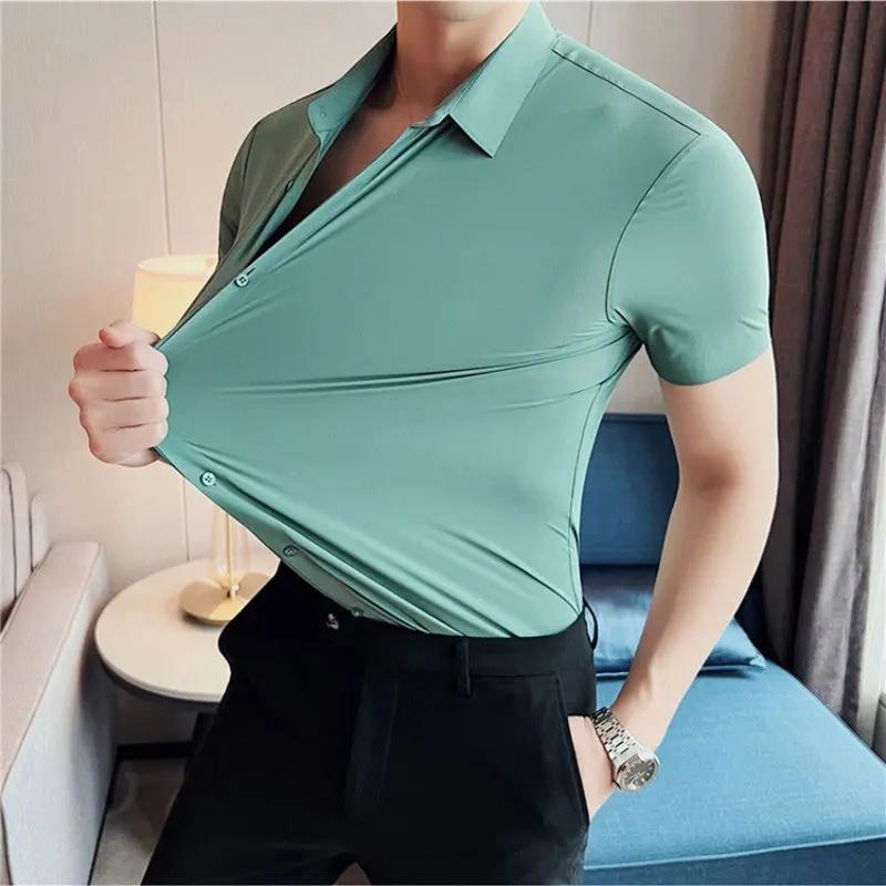 Men's Short sleeve summertime shirt High elastic and traceless cotta new long-sleeved slim spandex non-ironing business leisure - Image 4