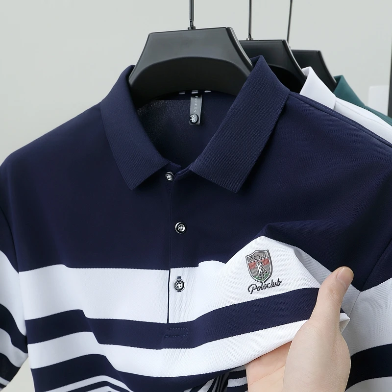 Premium pure cotton stripe short sleeve polo shirt men summer T-shirt fashion brand embossed comfort new trend color blocked top