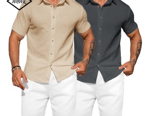 Men's Solid Color Cotton Linen Short Sleeve Shirts Vacation Beach Summer Tops Turn-down Collar Casual Lightweight Button Shirts