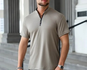 2025 New Men's Casual Fashion Zipper Solid Color Short Sleeved Polo Shirt Stand Up Collar Versatile Comfortable Top