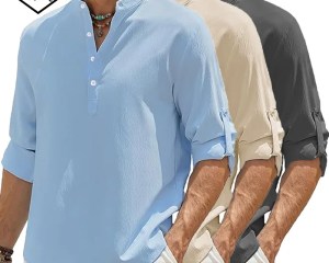 Men's Linen Shirt Summer 2025 Casual Short Sleeve Breathable Stand Collar Loose Fit Trendy Solid Color Youth Top with Pocket