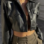 New Fashion Women Crop Leather Jacket Solid Color Casual Long Sleeve Button Down Jacket Fall Outwear Hot Sale S M L