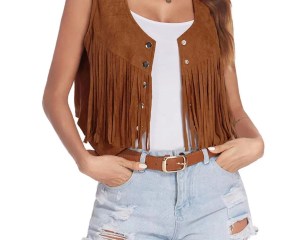 Women s Tassel Suede Vest Solid Color Front Button Sleeveless Hippie Crop Jacket Retro Waistcoat
