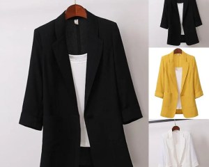Suit Basic Cotton Linen Three Quarter Single Button Women s Jacket Summer 2023 Korean Fashion Casual Short Jackets Coat