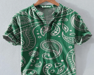 Vintage Green Paisley Decorative Pattern Casual Linen Polo Shirt V Neck Men's Short Sleeve Shirt Everyday Going Shirt