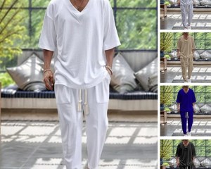 2025 Men Two Piece Sets Fashion Solid Tracksuits Summer Half Sleeve V-neck T-Shirt and Pants Loose Casual Outfit Male Streetwear