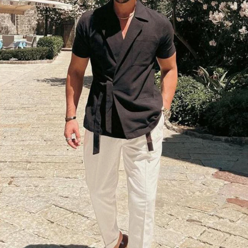 Summer Solid Color Linen Short-sleeved Shirt Suit Lapel Strap French Elegant Gentleman Loose Casual Simple Top Men's Clothing - Image 6