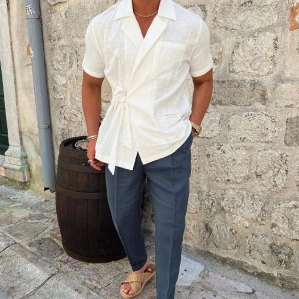 Summer Solid Color Linen Short-sleeved Shirt Suit Lapel Strap French Elegant Gentleman Loose Casual Simple Top Men's Clothing - Image 3