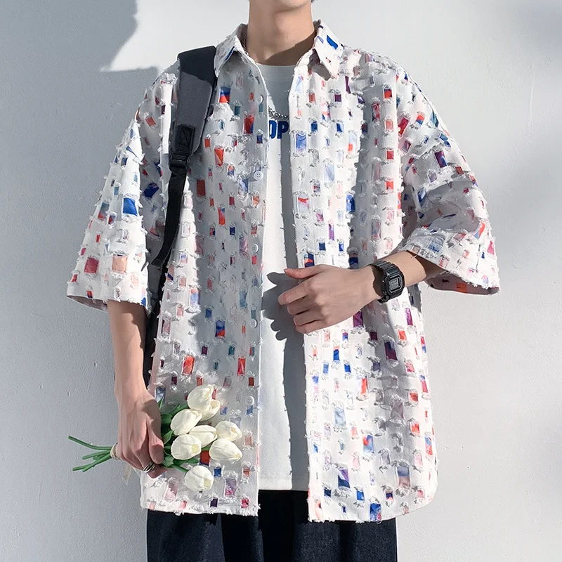 Summer Short Sleeved Shirt Men Fashion Retro Hollowed Out Shirt Men Streetwear Loose Colored Plaid Shirt Mens Large Size M-5XL