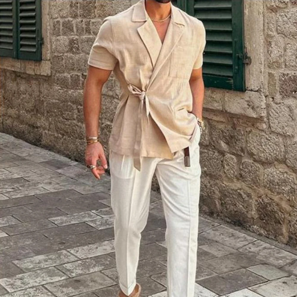 Summer Solid Color Linen Short-sleeved Shirt Suit Lapel Strap French Elegant Gentleman Loose Casual Simple Top Men's Clothing - Image 4
