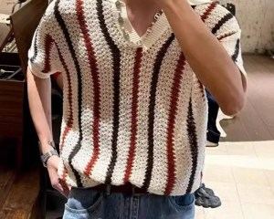 Streetwear Vintage Y2K Mens Tops Spring Summer Stylish Striped Hollow Out Polo Shirt For Men Casual Short Sleeve Lapel T Shirts