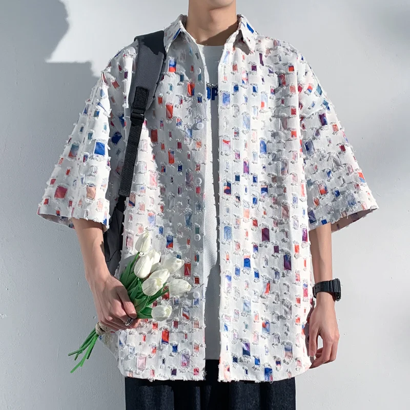 Summer Short Sleeved Shirt Men Fashion Retro Hollowed Out Shirt Men Streetwear Loose Colored Plaid Shirt Mens Large Size M-5XL - Image 3