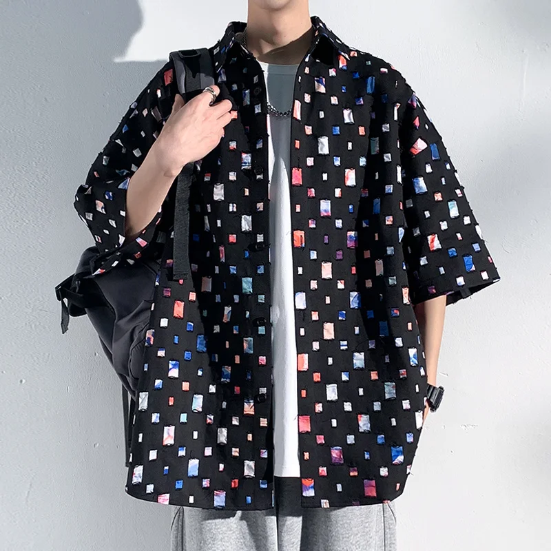 Summer Short Sleeved Shirt Men Fashion Retro Hollowed Out Shirt Men Streetwear Loose Colored Plaid Shirt Mens Large Size M-5XL - Image 4