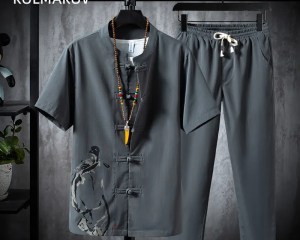 (Shirt + trousers) summer fashion men shirt Cotton and linen shirts men's High quality casual shirts Two Piece M-5XL
