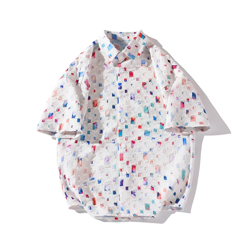 Summer Short Sleeved Shirt Men Fashion Retro Hollowed Out Shirt Men Streetwear Loose Colored Plaid Shirt Mens Large Size M-5XL - Image 6