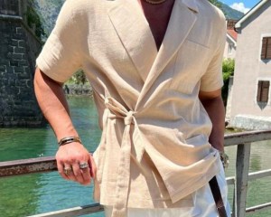 Summer Solid Color Linen Short-sleeved Shirt Suit Lapel Strap French Elegant Gentleman Loose Casual Simple Top Men's Clothing