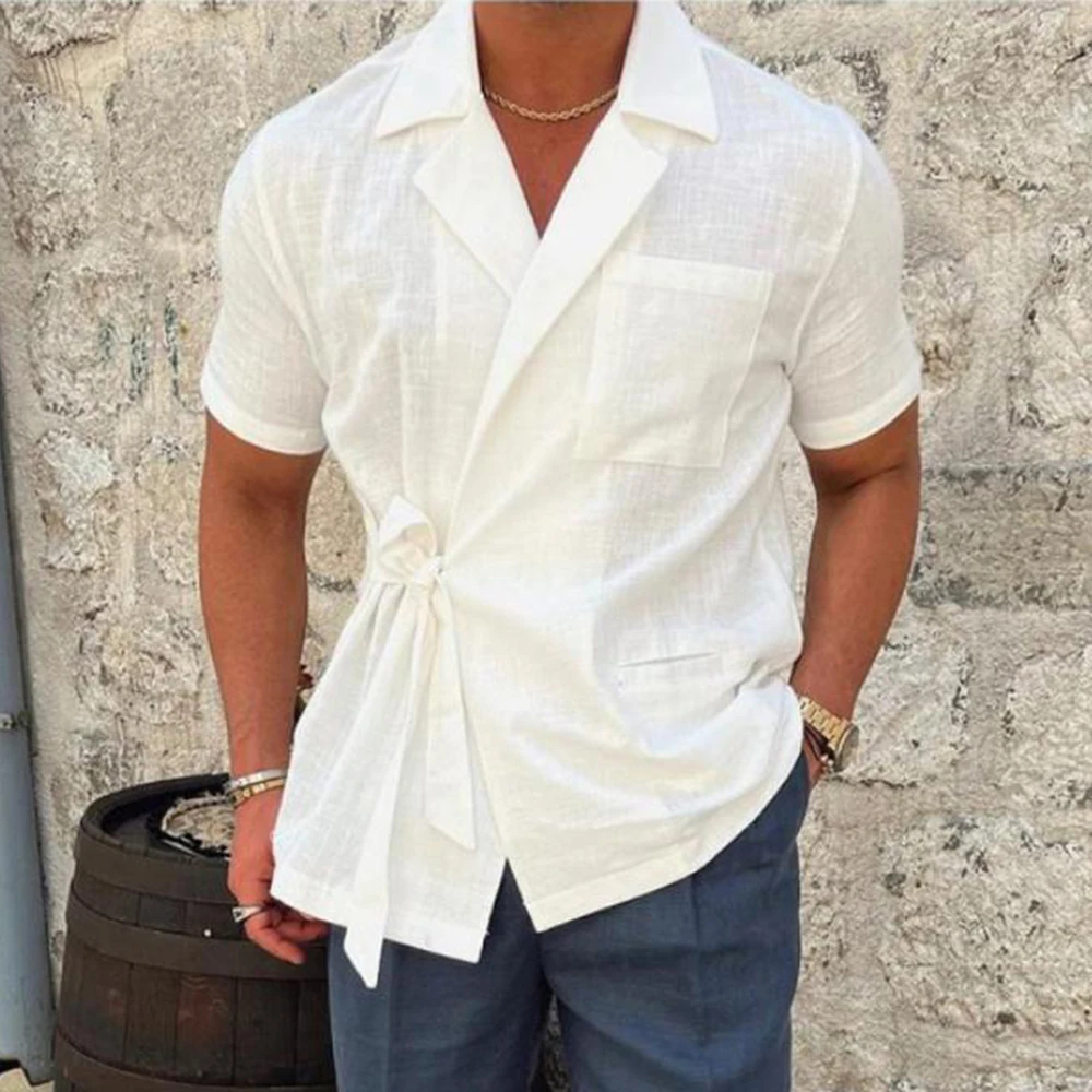 Summer Solid Color Linen Short-sleeved Shirt Suit Lapel Strap French Elegant Gentleman Loose Casual Simple Top Men's Clothing - Image 2