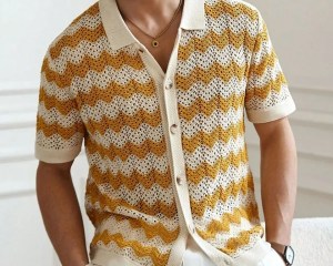 New Men's Striped Patchwork Knitwear Summer Men Half Zip Knit Pullovers T-shirt Man Business Casual Short Sleeve Polo Shirt