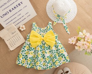 Baby Girl Yellow Dress Flower Printed Birthday Party Dress for Kids Fashion Baby Clothes Send Hat